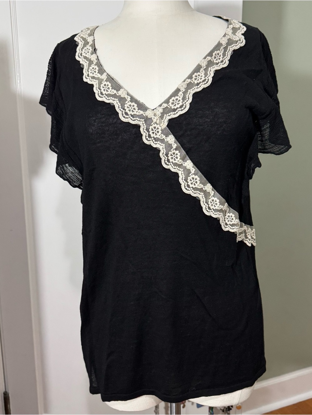 August Silk Black Short Sleeve V-Neck Top with Cream Lace Trim